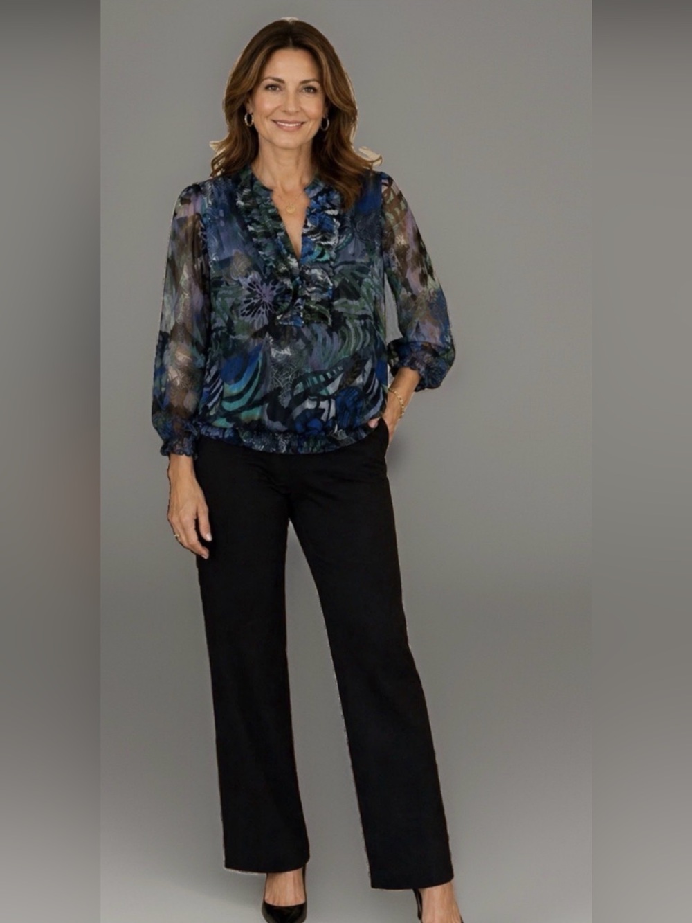 Blue Velvet Plus 2X 100% Silk Sheer Top Blouse Blue Green Ruffle Front Cuffs NWT